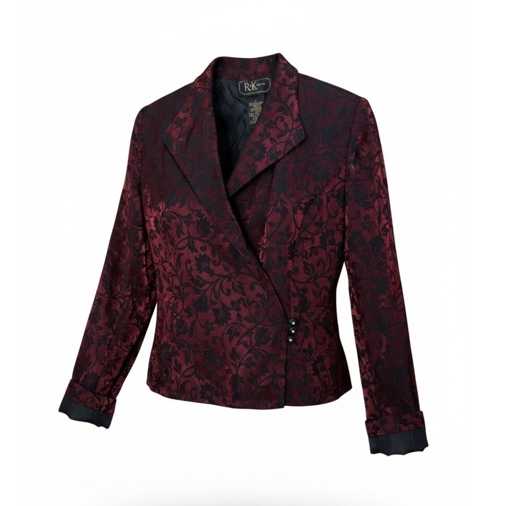 R&K Evening Womens Red Black Floral Damask Asymmetric Wrap Blazer Size 8